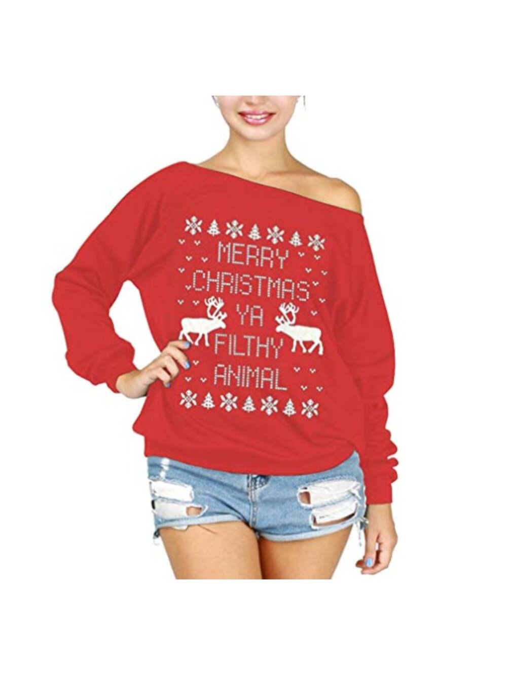 Women's Christmas Sweatshirt Off Shoulder Long Sleeve Pullover Funny Holiday